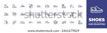 Shoes line icon collection. Editable stroke. Vector illustration. Containing boot, climbing, trainers, flying, sneakers, footprints, shoes, kick off, flat, shoe, sneaker.
