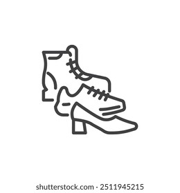 Icono de línea de zapatos. signo de estilo lineal para concepto móvil y Diseño web. Un par de zapatillas, tacones altos y botas delinean el ícono del Vector. Símbolo del calzado, ilustración del logotipo. Gráficos de Vector