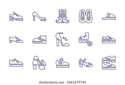 Shoes line icon set. Editable stroke. Vector illustration. Containing sneakers, tango, shoes, sneaker, slippers, witch, high heels, high heel, ballet, shoe, flamenco shoes, skate.