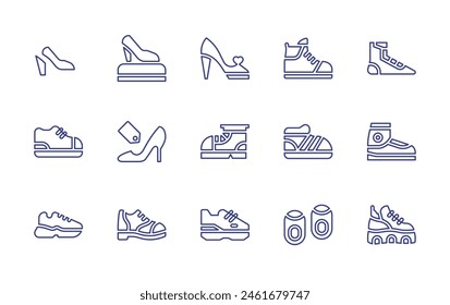 Shoes line icon set. Editable stroke. Vector illustration. Containing high heel, shoe, sneakers, shoe label, shoes, high heels, platform shoes.