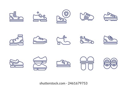 Shoes line icon set. Editable stroke. Vector illustration. Containing product durability, shoes, comfortable, sneakers, heels, football shoes, climbing, shoe, running shoes.