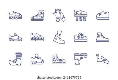 Shoes line icon set. Editable stroke. Vector illustration. Containing ballerina, sneakers, converse, climbing, last, running, leprechaun shoe, sport shoe, shoes, roller shoe, flying.