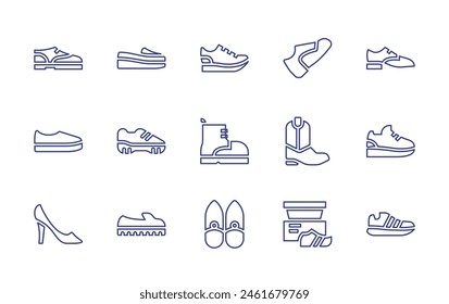 Shoes line icon set. Editable stroke. Vector illustration. Containing running shoes, trainers, flat shoes, shoe, high heels, shoes, boot, shoe box.