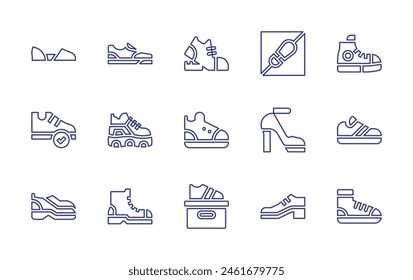 Shoes line icon set. Editable stroke. Vector illustration. Containing boot, shoe, sneakers, shoes, no shoes, flat shoes.