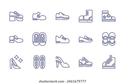 Shoes line icon set. Editable stroke. Vector illustration. Containing shoe, shoes, high heel, boot, sneaker, ballet shoes, baby shoes.