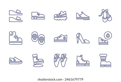 Shoes line icon set. Editable stroke. Vector illustration. Containing hiking boots, shoe, shoes, ballet, wedges, waterproof, heels, boot, ballet shoes, baby shoes.