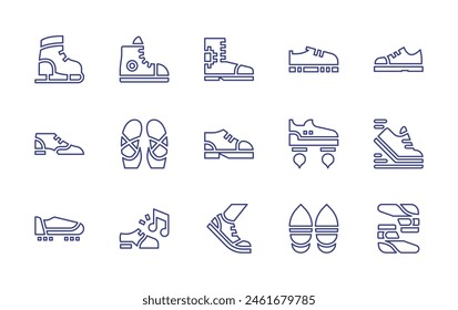 Shoes line icon set. Editable stroke. Vector illustration. Containing, sneakers, running, tap music, ballet, ice skating, shoe, running shoes, flying shoes.