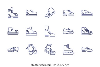 Shoes line icon set. Editable stroke. Vector illustration. Containing run, ballerina, trainers, shoe, sneakers, shoes, ice skating shoes, flat shoes.