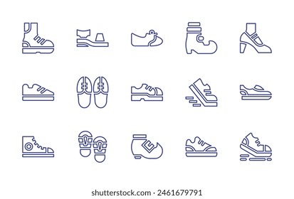 Shoes line icon set. Editable stroke. Vector illustration. Containing run, walk, sneakers, shoes, high heels, hiking, flat shoes, shoe prints, shoe.