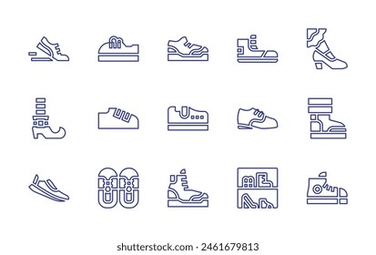 Shoes line icon set. Editable stroke. Vector illustration. Containing running shoes, clown, shoe, shoes, leprechaun shoe, tap shoes.