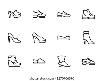 Shoes line icon set. Set of line icons on white background. Cowboy boot, espadrille, high heel shoes. Fashion concept. Vector illustration can be used for topics like clothing, fashion, shoes