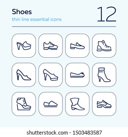 Shoes line icon set. Set of line icons on white background. Cowboy boot, espadrille, high heel shoes. Fashion concept. Vector illustration can be used for topics like clothing, fashion, shoes