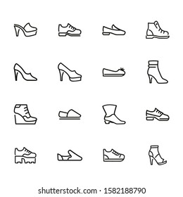 Shoes line icon set. Set of line icons on white background. Cowboy boot, espadrille, high heel shoes. Fashion concept. Vector illustration can be used for topics like clothing, fashion, shoes