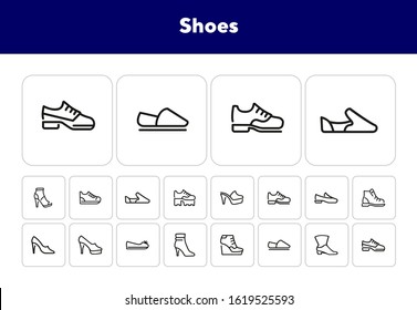 Shoes line icon set. Set of line icons on white background. Cowboy boot, espadrille, high heel shoes. Fashion concept. Vector illustration can be used for topics like clothing, fashion, shoes