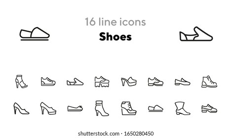 Shoes line icon set. Set of line icons on white background. Cowboy boot, espadrille, high heel shoes. Fashion concept. Vector illustration can be used for topics like clothing, fashion, shoes