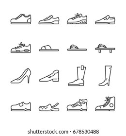 Shoes line icon set. Included the icons as sandal, shoes, boots, sneaker, slipper and more.