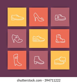 Shoes line icons, heels, boots, sports shoes, trainers square icons, vector illustration