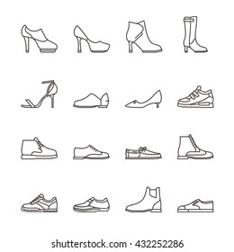 Shoes line vector icons. Sneakers and women shoes, footwear linear icons. Vector illustration