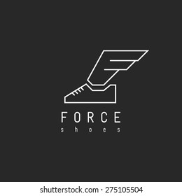 Shoes logo with wing in view letter F, mockup emblem winged sneaker