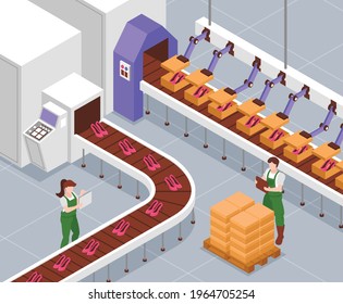 Shoes Manufacturing Factory With Assembly Line Automated Machinery And Workers Isometric Vector Illustration