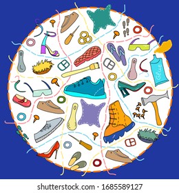 Shoes and materials for sewing.