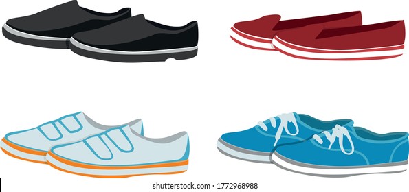 Shoes: men's shoes, summer shoes, Slippers, sneakers. Set of images. Vector isolated illustrations.