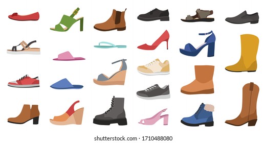 обувь. Мужская, женская и детская обувь разных типов, модная повседневная, стильная элегантная гламурная и формальная обувь, мультяшный векторный вид сбоку