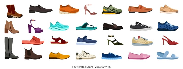 Shoes. Mens, womens and childrens footwear different types, trendy casual, stylish elegant glamour and formal shoes cartoon vector side view set