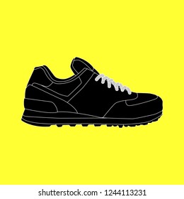 Shoes model men. illustration set of various mens shoes vector icons on a yellow background.