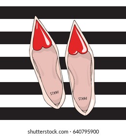 Shoes with a narrow nose and a red heart on top. On the striped background.