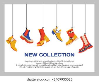 Shoes new collection. Shopping banner design. Fashionable accessory. Footwear sale. Trendy leather boots. Seasonal footgear. Autumn clothing. Foot wear. Stylish purchase. Vector promotion background