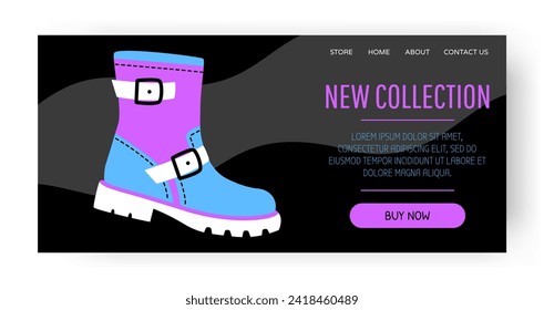 Shoes new collection. Shopping landing page. Fashionable accessory. Footwear sale. Trendy leather boots. Seasonal footgear. Autumn clothing. Foot wear. Stylish purchase. Vector promotion background