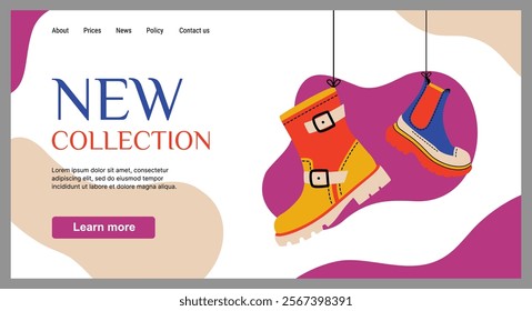 Shoes new collection. Shopping landing page. Fashionable accessory. Footwear sale. Trendy leather boots. Seasonal footgear. Outwear clothing. Foot wear retail. Stylish purchase. Vector shop background