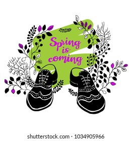 Shoes on a bright green brush background, leaves decor, spring mood, inscription Spring is coming. Contrast vector illustration.