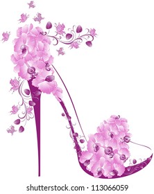 Shoes on a high heel decorated with orchids