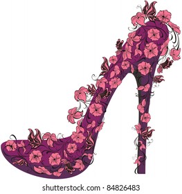 Shoes on a high heel decorated with flowers and butterflies. Vector illustration 