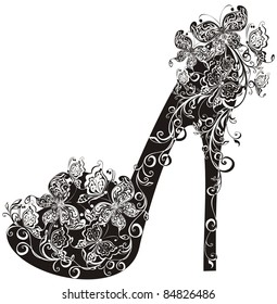 Shoes on a high heel decorated with flowers and butterflies. Vector illustration