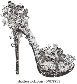 Shoes on a high heel decorated with flowers and butterflies. Vector illustration 