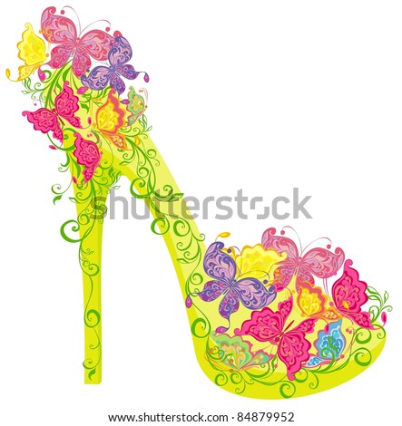 Shoes on a high heel decorated with flowers and butterflies. Vector illustration