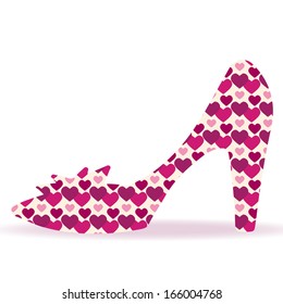 Shoes on a high heel silhouette with hearts isolated on a white background. Abstract design logo. Logotype art - vector