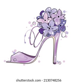 Shoes on a high heeled decorated with purple flowers. Vector illustration.