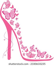 Zapatos sobre tacones altos decorados con mariposas. Conciencia sobre el cáncer de mama