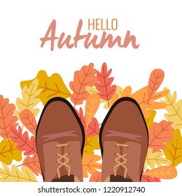 shoes on a path from the fallen autumn leaves, top view, flat illustration.