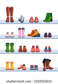 Shoes on shelves. Footwear glamour trendy shoes for man and women colored boots sport sneakers garish vector flat pictures set