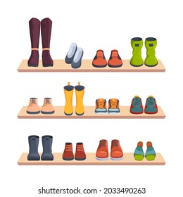 Shoes on shelves. Merchandizing shop window trendy fashioned shoes front view sport sneakers and boots for women and men garish vector illustrations set