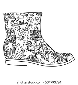 Shoes with ornament. Black and white line art ethnic design. Adult coloring book