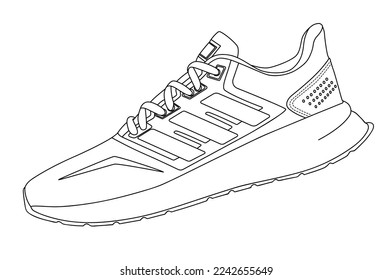 Vector de dibujo del contorno de las zapatas, Sneakers dibujado en un estilo de esbozo, contorno de plantilla de entrenadores de verano de línea negra, ilustración vectorial.