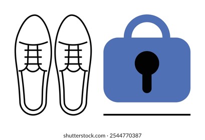 Los zapatos y el candado resaltan la seguridad en la moda y la seguridad. Ideal para la conciencia de seguridad, seguridad de la moda, diseño conceptual, publicidad creativa, gráfico de seguridad empresarial. Estilo minimalista simple