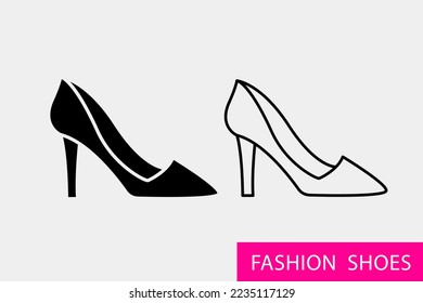 Shoes Pair boutique logo sign. Lady footwear store banner. Women heeled shoe glyph and line icon shape. Elegant flat logotype element vector illustration.