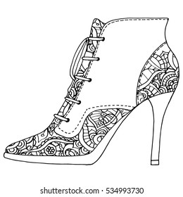 Shoes with Paisley. Black and white line art ethnic design. Adult coloring book. Vintage decorative element. Islam, Arabic, Indian, turkish, pakistan, chinese, ottoman motifs.